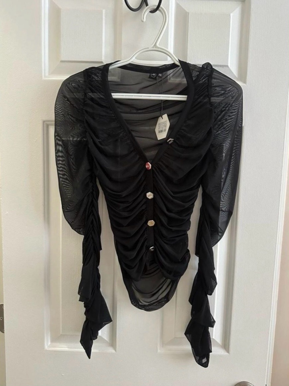 NWT: Wanted Sheer Black Ruched Button-Front Top/Sweater - Picture 2 of 6
